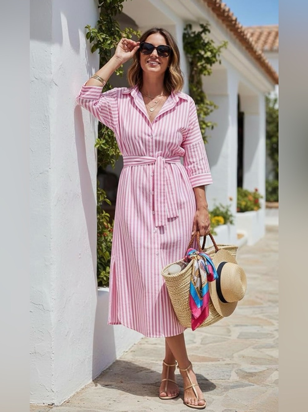 Pink & White Striped Shirt Dress with Waist Tie